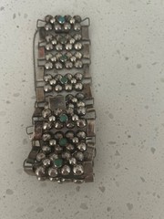 Vintage Silver Mexican Modernist Caviar Link Bracelet W/Small Cabochon Turq Ston
