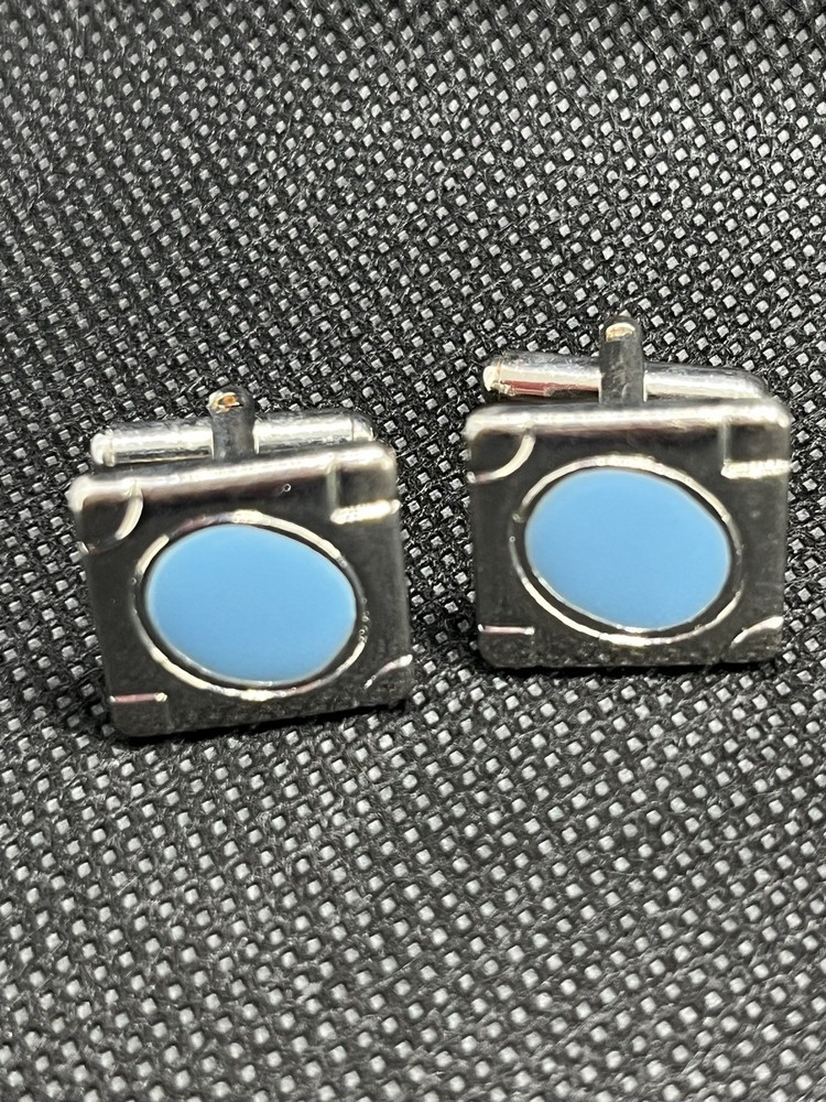 VTG Palest Oval Sky Blue Stones And Set in Square Silver Tone Cufflinks