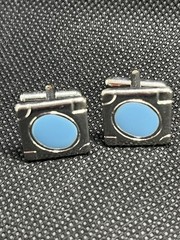VTG Palest Oval Sky Blue Stones And Set in Square Silver Tone Cufflinks