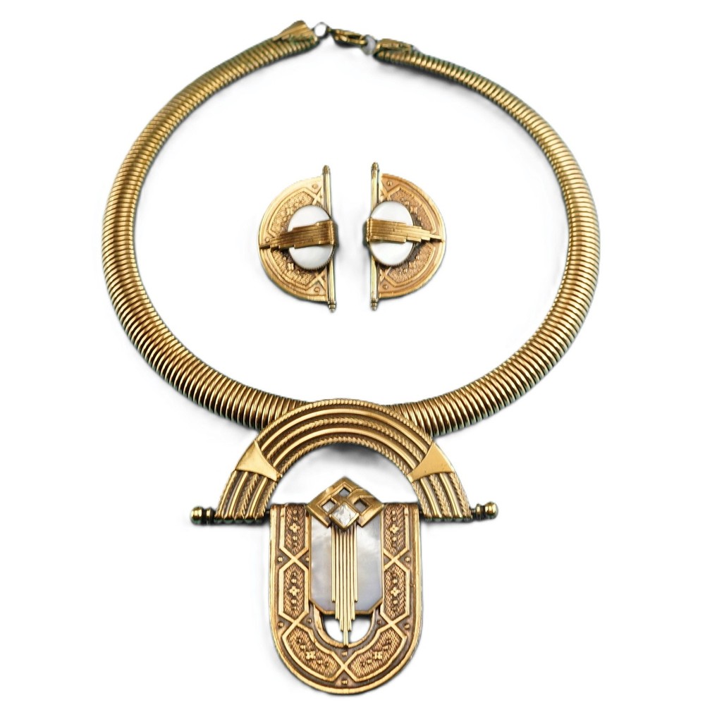Vtg Ermani Bulatti Art Deco Mother of Pearl Gold Tone Choker Clipon Earrings Set