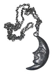 Vintage Crescent Man In The Moon Face Necklace Celestial Silver Metal Sparkle