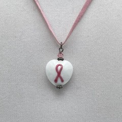 Vinatge Pink Ribbon Porcelain Heart Pendant Necklace Suede Cord Toggle