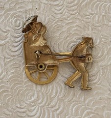 Vintage damascene man pulling couple in rickshaw brooch Made in Spain