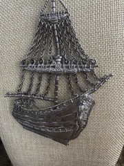 Vintage Sailing Ship Necklace Silver Tone Big Nautical Pendant Brutalist 60s 70s