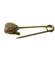 Puffy 3D Heart Rhinestone Gold Tone Saftey Pin Brooch Vintage Clip Fastener