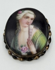 Antique Victorian Cameo Portrait Brooch Porcelain Hand Painted Pin Gold Filled