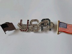 250th Ready~Lot Of 3~American Flags Lapel Pins & USA Rhinestone Pin~ Patriotic