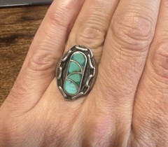 Chain Border Silver Turquoise Ring Size 9.75 – Vtg Native American, Signed BQR