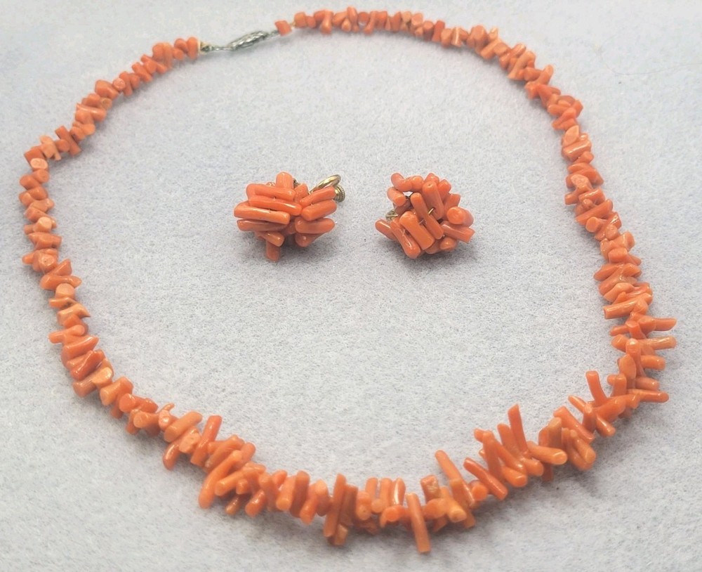 Vintage Red Coral Bead Necklace And Matching Clip Earrings , 17in.