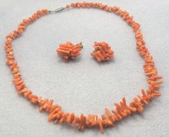 Vintage Red Coral Bead Necklace And Matching Clip Earrings , 17in.