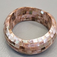 Vintage Mother of Pearl Bangle Bracelet Mosaic Wide Domed Peach Pink 8.25″