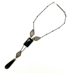 Antique 1920s Art Deco Black Filigree Drop Necklace-Elegant Flapper Lavalier