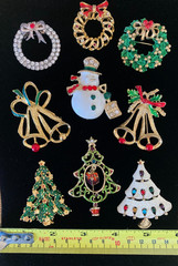 Brooch Lot Christmas Trees Wreaths Bells Snowman Gold & Silver Tones Rhinestones