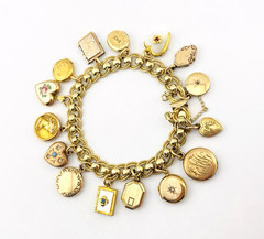 Vintage Gold Filled Locket Charm Bracelet 14 Lockets 1 Fob Hearts Book Enamel