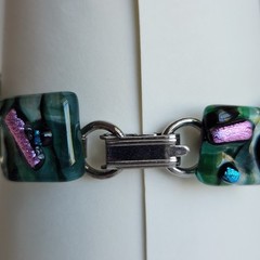 Handcrafted Dichroic Fused Glass Bracelet | Square Links | Blue-Green
