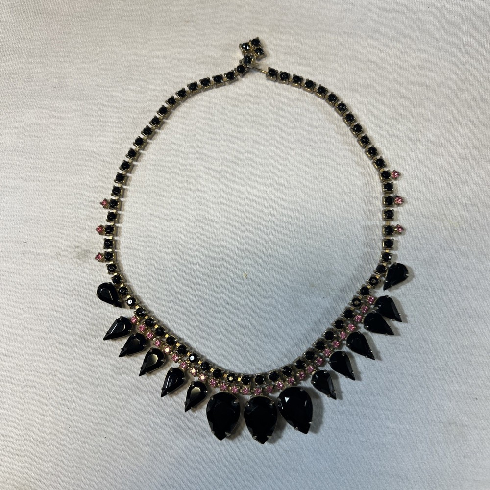 Gorgeous 1950-60’s Jet Black Teardrop Rhinestones with Bright Pink