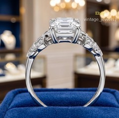 14K Gold Finish 4CT Asscher Cut Lab Created Diamond Ring Vintage Art Deco Style