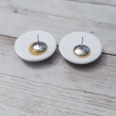 Vintage Stud Earrings For Pierced Ears Slightly Domed White with Red