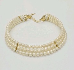 Faux Pearl Choker Necklace Three Row Gold tone Vintage Beaded Victorian