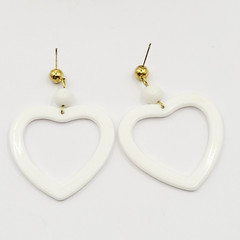 White Heart Open Center Bead Drop Dangle w Ball Stud Gold Tone Vintage Earrings