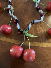 Vintg Cherry Dangle Necklace Red Lucite Early Plastic FruitSalad MCM 28” Kitschy