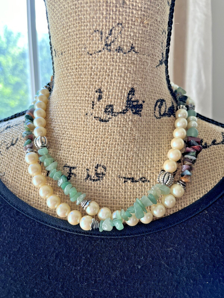 Vintage Pearls Agate, Jade & Carnelian Stone Bead Long Necklace 1960’s