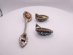 Vintage Blue Rhinestone Brooch Pin Earring Set Large 3.5″ Arora Borealis Retro