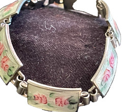 Vintage Sterling Silver Guilloche Enamel Pink Roses Link Bracelet