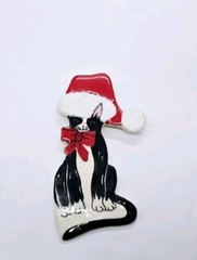 Christmas CAT Brooch Kitty Cat Pin Ceramic Large Holiday Jewelry 3.5 in