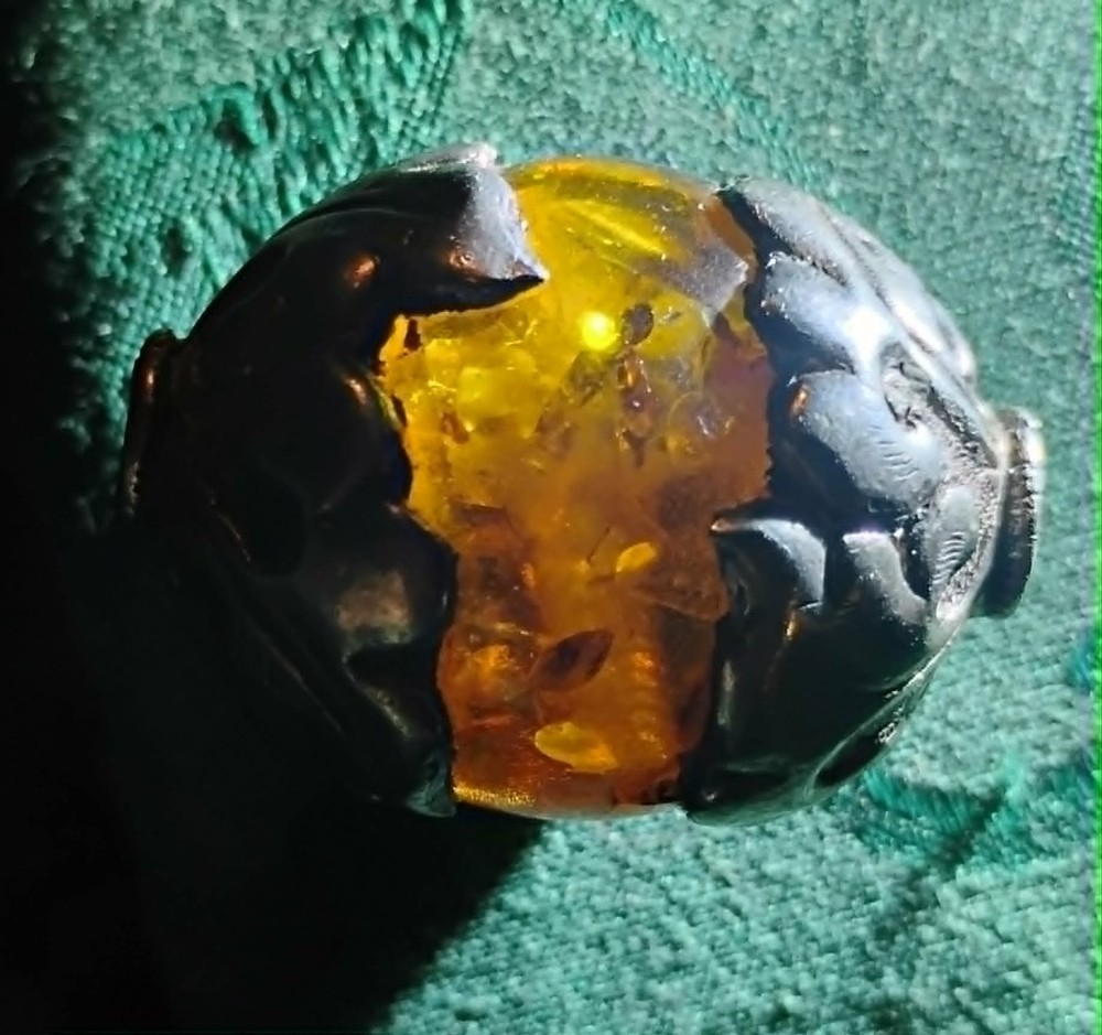 Large Vintage Tibetan Amber Bead w/ Ornate Silver 1.75″ x 1.25″