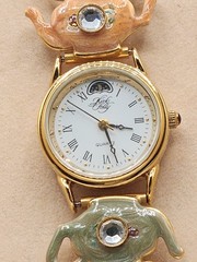 Vintage RARE HTF Signed Goldtone Kirks Folly Enameled Tea Party Watch w/Box 8″
