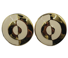 Geometric Mismatch Metal Cream Enamel Gold Tone Round Career Pierced Earrings