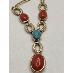 Monet Y Necklace Blue Red Acrylic Stones Matte Goldtone Southwest