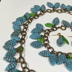 Vintage Grapes & Leaves Glass Neckace Bracelet Earrings In 14k B-on Brass Chain