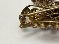 Quill 12K GF Gold-Filled Pink & Blue Floral Rhinestone Brooch Pin Vintage 1950s