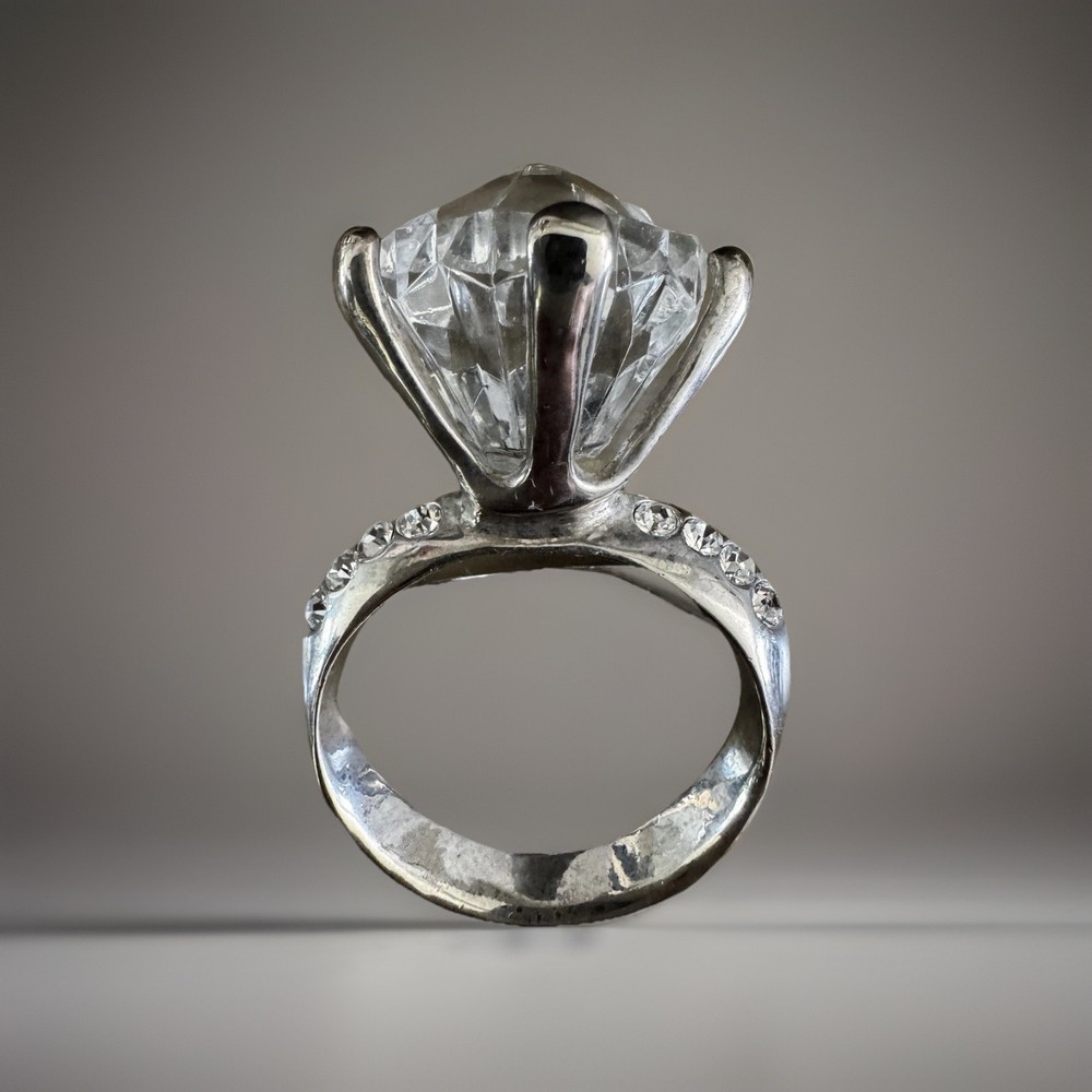 Silver Tone Huge Clear White Rhinestone Solitaire Ring Brooch Pin