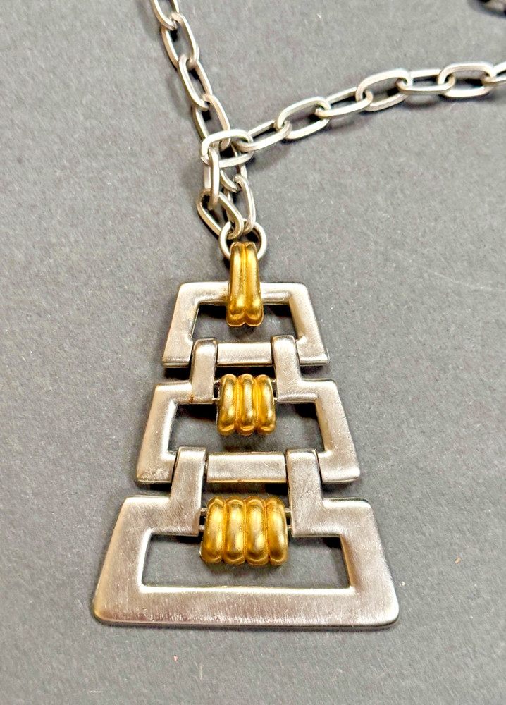 Vintage Trifari Geometric Modernist Pendant Necklace Silver and Gold Tone