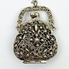Vintage ART Arthur Pepper Necklace Metal Filigree Hinged Kiss Lock Purse Pendant