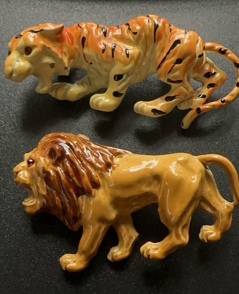 Lind Gal Lion & Tiger Brooches Lot Of 2 Orange Stripes Enamel Figural Pins Vtg