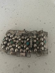 Vintage Silver Mexican Modernist Caviar Link Bracelet W/Small Cabochon Turq Ston
