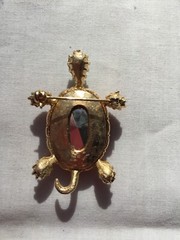 Vintage MCM Gold Tone Pink and Green AB Rhinestone Turtle Brooch
