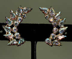 Vintage B David Rhinestone Clip Earrings Aurora Borealis Gold Tone Crescents