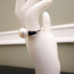 Art Deco ring QVC white pearl black crystals 925 sterling silver signet Size 5