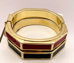 Lot of 2 Vintage Octagon Red and Black Enamel Bangle Bracelets Gold Tone