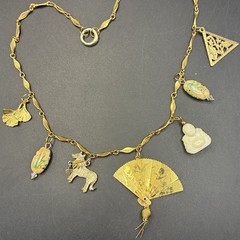 Custom Vintage Estate Assemblage Necklace & Charms: Buddha, Fan, in Mixed Metals