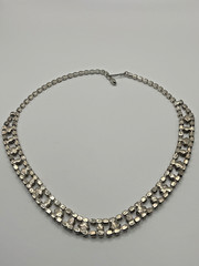 Vintage Unsigned Double Row Clear Rhinestone Floral Necklace Silver Tone 15.5”