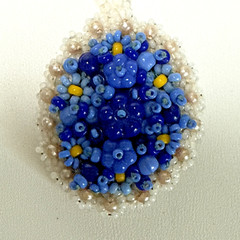 Vintage Hand Beaded Floral Cluster Pendant Necklace Blue & White Glass Seed Bead