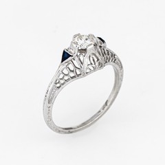 Vintage Art Deco Diamond Sapphire Ring 6.25 14k Gold Engagement Filigree Jewelry
