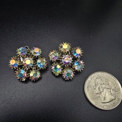 Pakula Aurora Borealis Rhinestone Clip On Earrings Flower Shape Vintage Jewelry