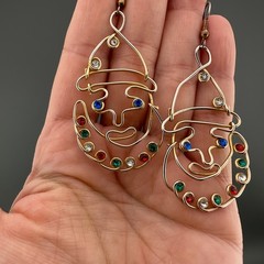 Vintage Clown Earrings Gold Tone Multicolor Rhinestone Artisan Open Wire Work